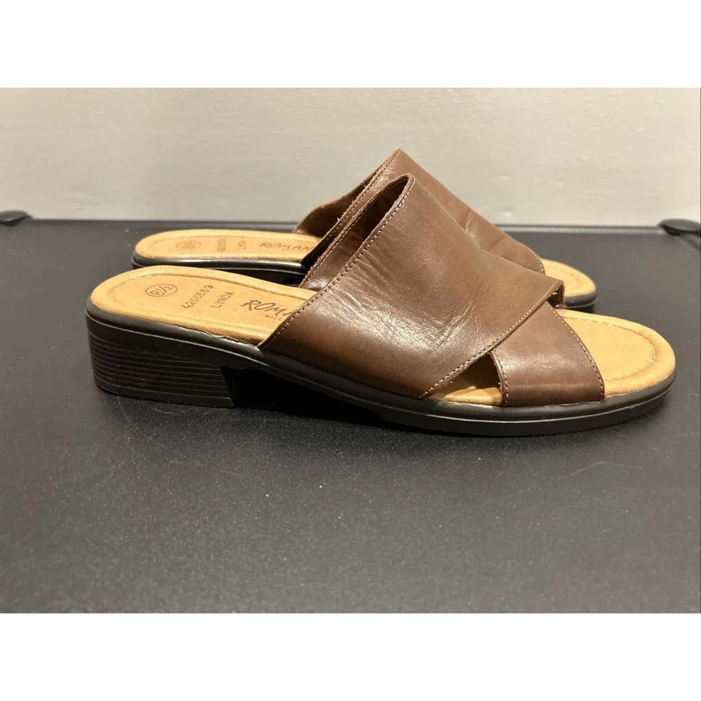 Romano Brazil Genuine Leather Size 8.5 Brown Lynda Sandals Slides Slip On
